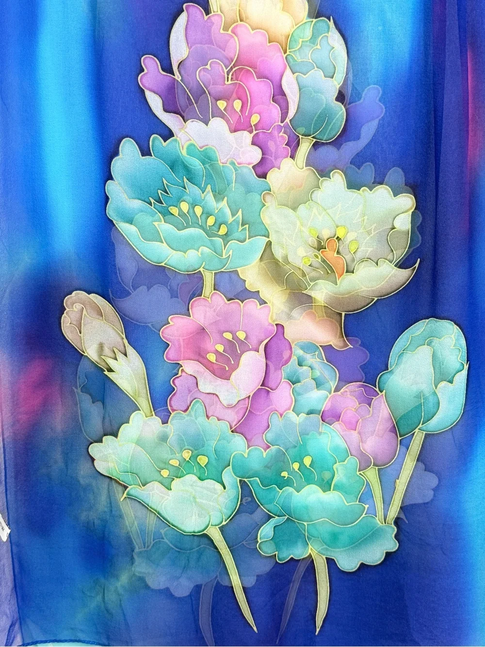 Hand-Painted Blue Floral Silk Scarf 20x63”